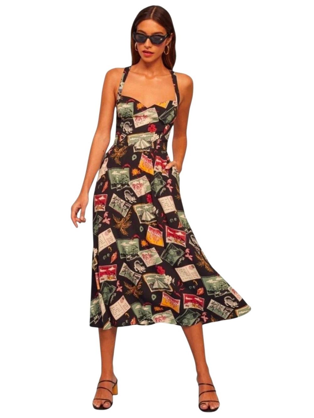 Reformation Brixton Dress Havana Postcard Print Size 2 Novelty Print Made In USA